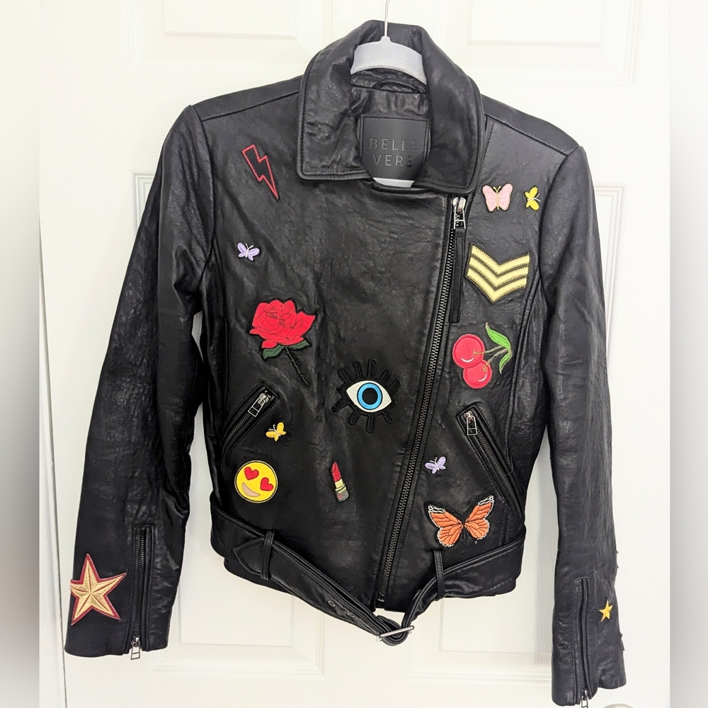 Belle Vere Black Leather Moto Jacket Belted Embellished Applique Size Small